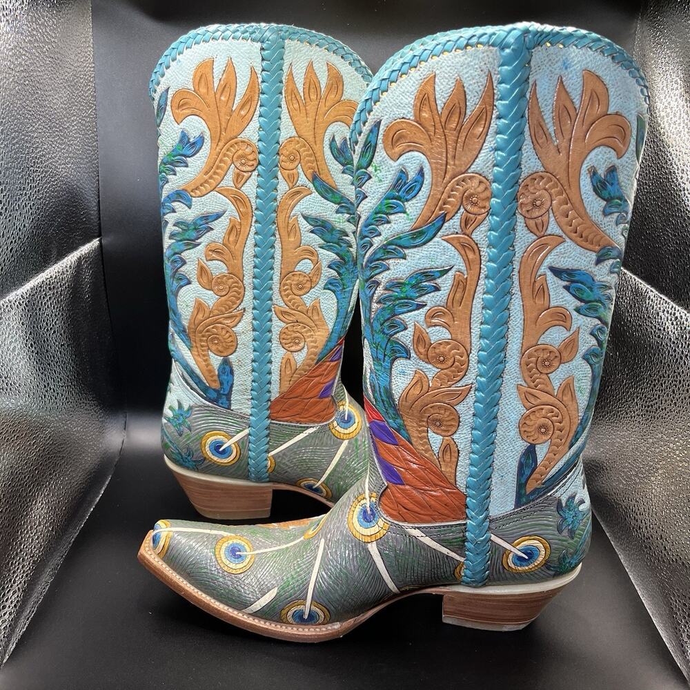 Carrie Cameron Peacock Boots Women's 8.5B Hand Tooled Painted Leather Western - Picture 4 of 16